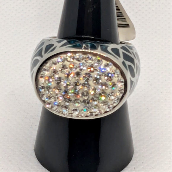 New Stainless Steel Ring, White Austrian Crystal with Teal Enamel Ring Size 9 - Picture 7 of 7